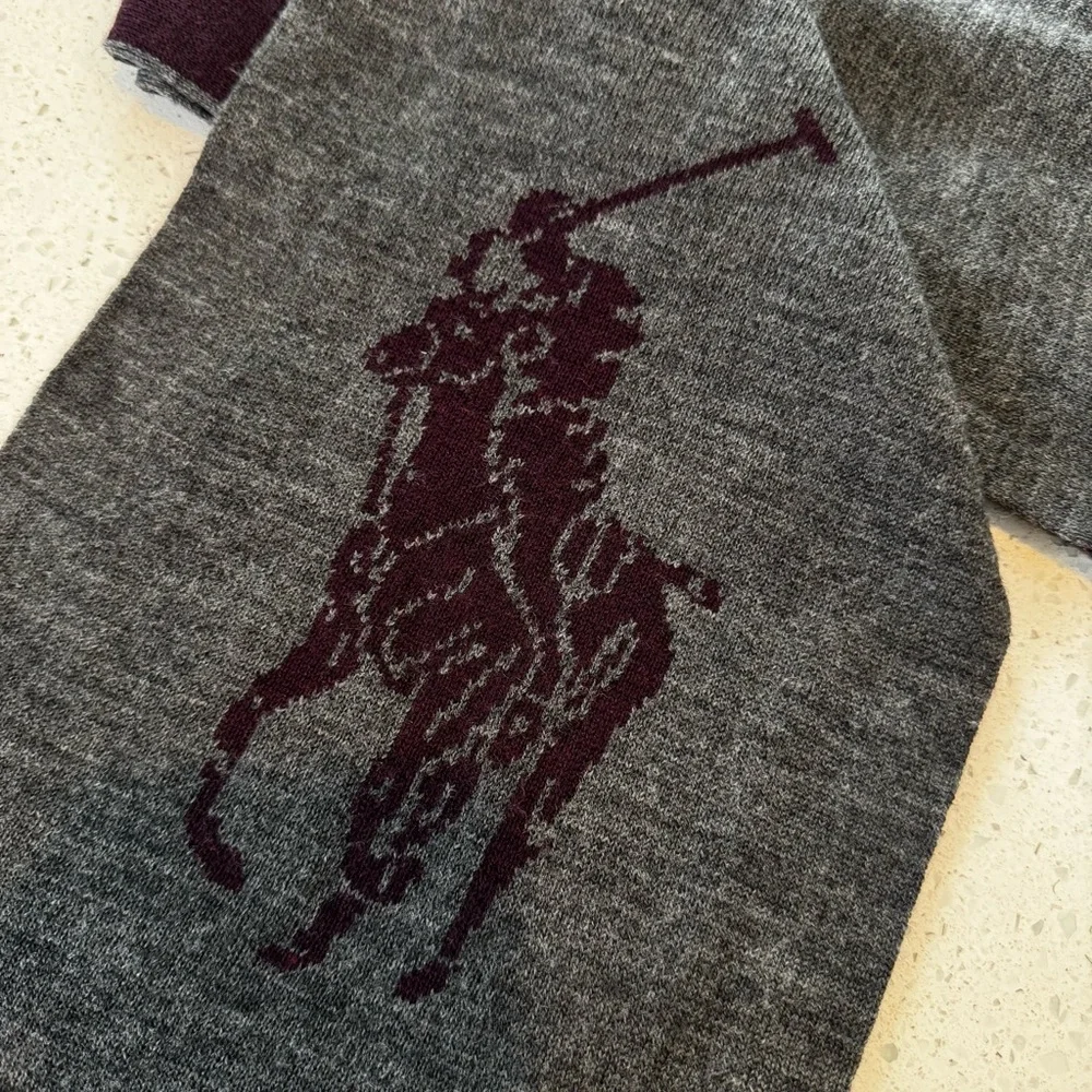 Polo Ralph Lauren Burgundy & Gray Reversible Wool Scarf Big Pony Logo 73 x 8